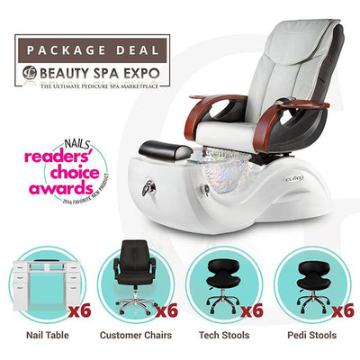 Check our current package deals on pedicure chairs with bonus salon furniture. Manufacture package deals are frequent with tables, customer chairs and accessory carts. Pedicure chairs come with pedicure technician stools standard.