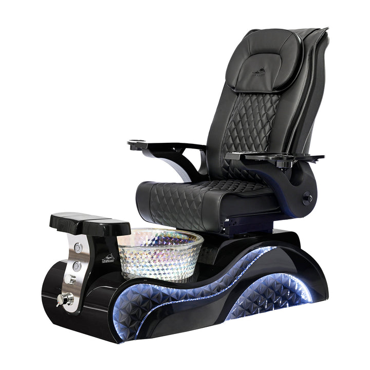 Lucent II Pedicure Chair. BLack Seat, Black Armrest, Black Base & Crystal Glass Bowl