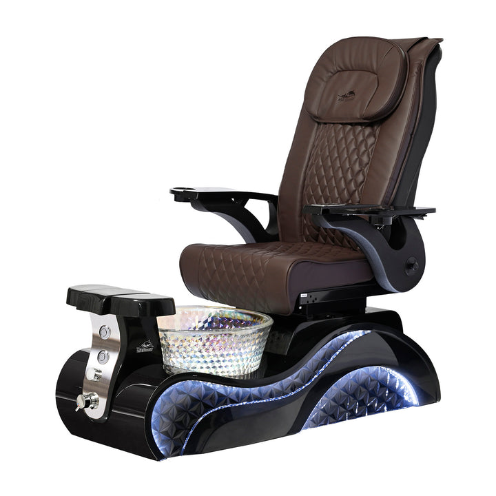 Lucent II Pedicure Chair. Chocolate Seat, Black Armrest, Black Base & Crystal Glass Bowl