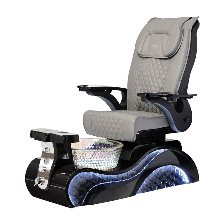 Lucent II Pedicure Chair. Gray Seat, Black Armrest, Black Base & Crystal Glass Bowl