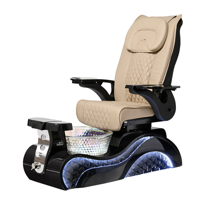 Lucent II Pedicure Chair. Khaki Seat, Black Armrest, Black Base & Crystal Glass Bowl