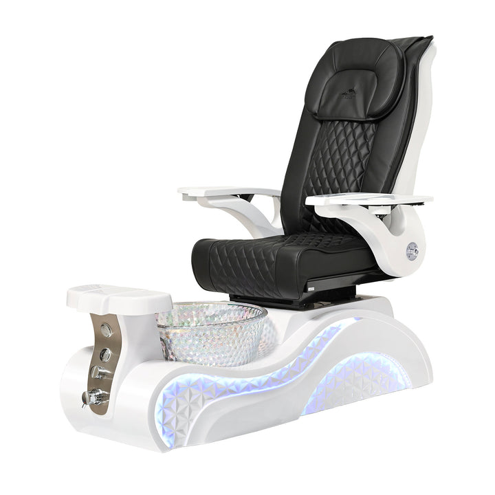 Lucent II Pedicure Chair. Black Seat, White Armrest, White Base & Crystal Glass Bowl