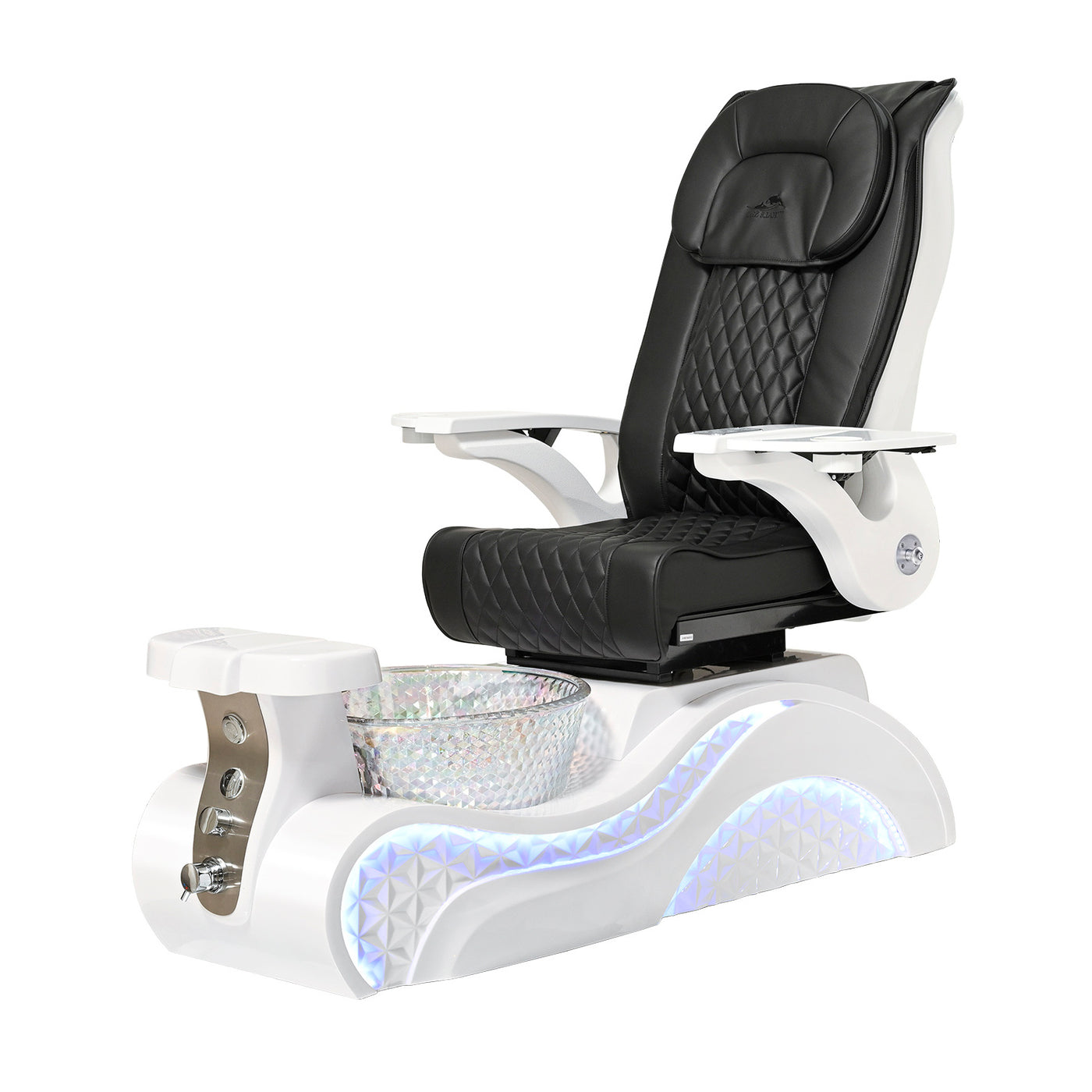 Lucent II Pedicure Chair. Black Seat, White Armrest, White Base & Crystal Glass Bowl  