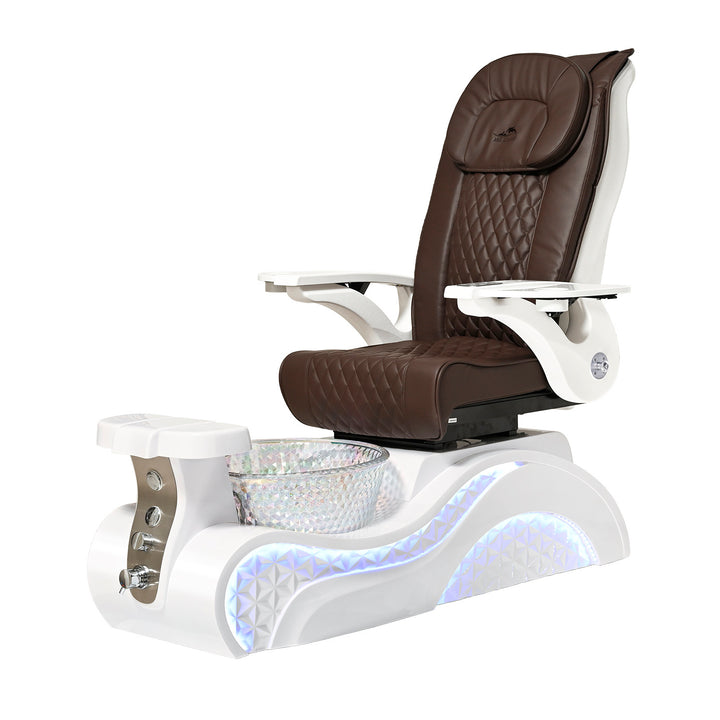 Lucent II Pedicure Chair. Chocolate Seat, White Armrest, White Base & Crystal Glass Bowl