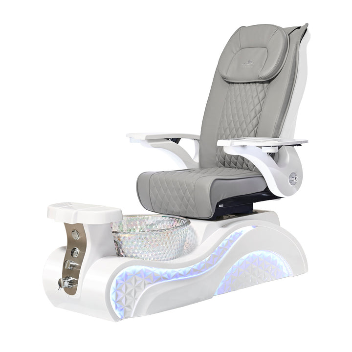 Lucent II Pedicure Chair. Gray Seat, White Armrest, White Base & Crystal Glass Bowl