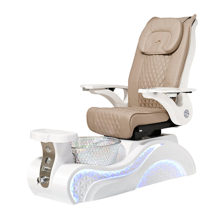 Lucent II Pedicure Chair. Khaki Seat, White Armrest, White Base & Crystal Glass Bowl