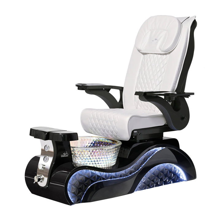 Lucent II Pedicure Chair. White Seat, Black Armrest, Black Base & Crystal Glass Bowl