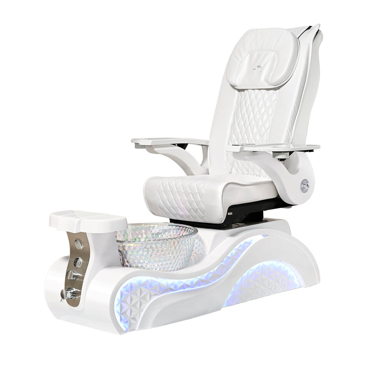 Lucent II Pedicure Chair. White Seat, White Armrest, White Base & Crystal Glass Bowl