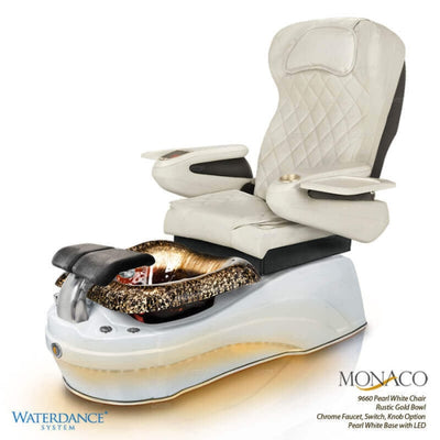 Monaco Pedicure Chair. 9660 Pearl White Seat, Rustic Gold Bowl, Chrome Faucet. Switch, Knob Option & Pearl White Base