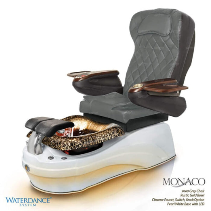 Monaco Pedicure Chair. 9660 Gray Seat, Rustic Gold Bowl, Chrome Faucet. Switch, Knob Option & Pearl White Base
