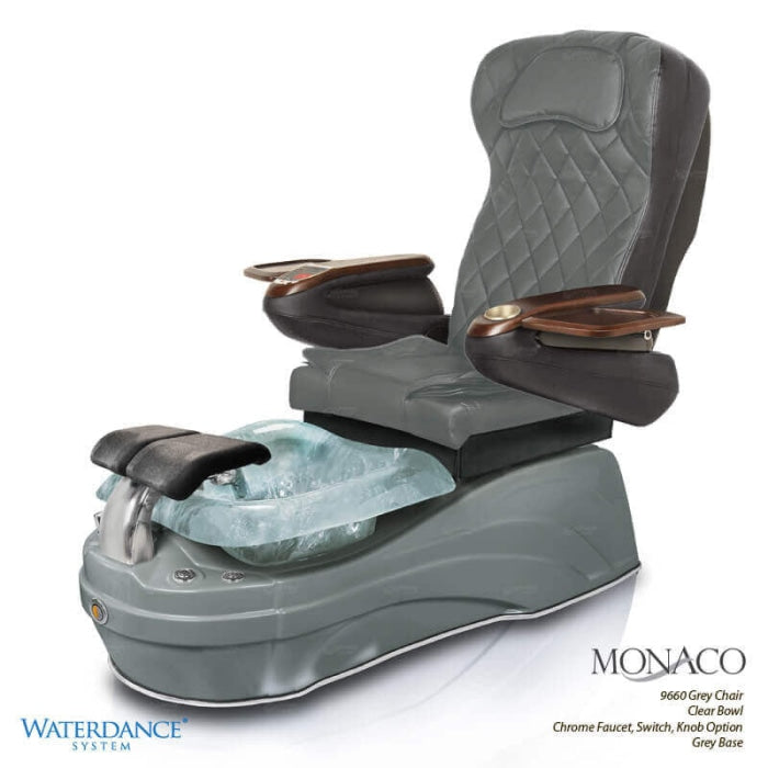Monaco Pedicure Chair. 9660 Gray Seat, Clear Bowl, Chrome Faucet, Switch, Knob Option & Gray Base