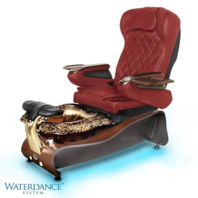 Florence Pedicure Chair. 9660 Burgundy Seat, Standard Dark Cherry Laminate Base, Rustic Glass Gold Bowl  