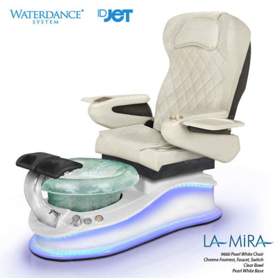La Mira Pedicure Chair. 9660 Pearl White Seat, Chrome Footrest, Faucet, Switch, Pearl White Base and Green Glass Bowl