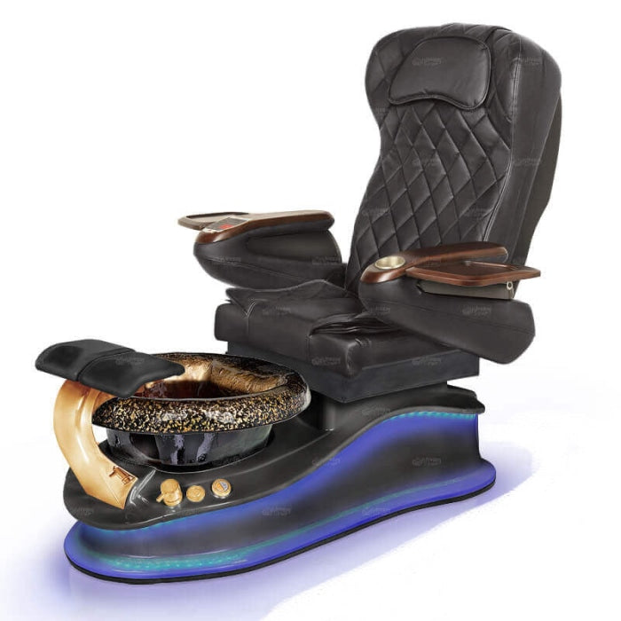 La Mira Pedicure Chair. 9660 Black Seat, Upgraded Gold Footrest, Faucet, Switch, Pearl White Base and Rose Glass Bowl