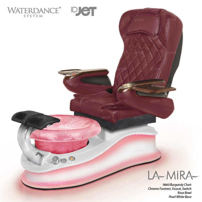 La Mira Pedicure Chair. 9660 Burgundy Seat, Chrome Footrest, Faucet, Switch, Pearl White Base and Rose Glass Bowl