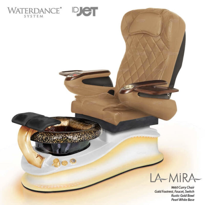 La Mira Pedicure Chair. 9660 Curry Seat, Upgraded Gold Footrest, Faucet, Switch, Pearl White Base and Rustic Gold Glass Bowl