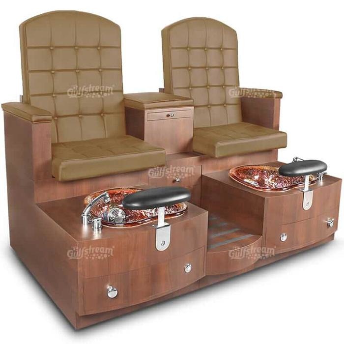 Paris Double Pedicure Bench. Curry Seats With a Standard Inspiration Laminate Base Color & a Gold Reflection Bowl