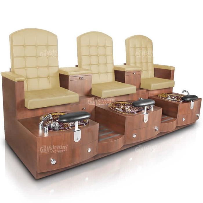 Paris Triple Pedicure Bench. Sand Seat Color, Standard Inspiration Laminated Base & Rustic Gold Reflection Bowl  
