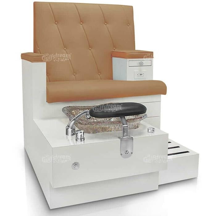 Vienna Single Pedicure Bench. Butterscotch Color Seat, White Gloss Laminated Base Color & Cristal Reflection Glass Bowl