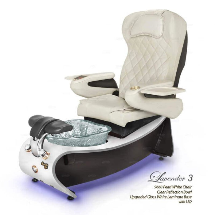 The Lavender 3 spa pedicure is famous for his sleek contour laminate base that no other pedicure chair on the market has to offer.  Add the heart shape hard rock glass bowl and you got yourself a high end pedicure chair.  Four weeks lead time to order.
