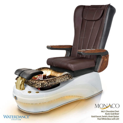 Monaco Pedicure Chair. 9621 Chocolate Seat, Rustic Gold Bowl, Gold Faucet. Switch, Knob Option & Pearl White Base