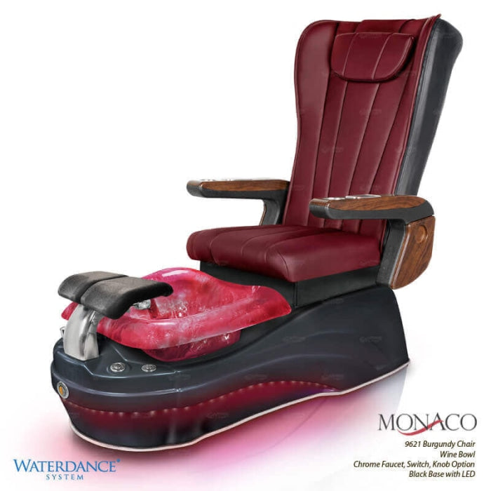 Monaco Pedicure Chair. 9621 Burgundy Seat, Wine Bowl, Chrome Faucet. Switch, Knob Option & Black Bone Base