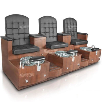 Paris Triple Pedicure Bench. Black Seat Color, Standard Dark Cherry Laminated Base Color & Clear Reflection Glass Bowl
