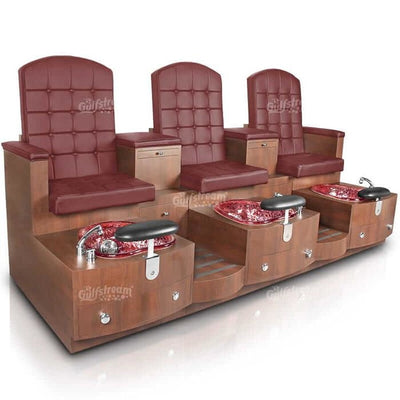 Paris Triple Pedicure Bench. Burgundy Seat Color, Standard Dark Cherry Laminated Base Color & Wine Reflection Glass Bowl 