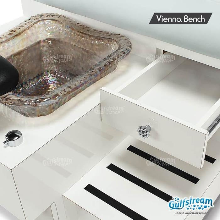 Vienna Single Pedicure Bench. Storage drawer and pull out drink/accessory table.