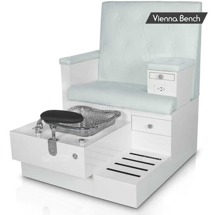 Vienna Single Pedicure Bench. Bone Color Seat, White Gloss Laminated Base Color & Cristal Reflection Glass Bowl