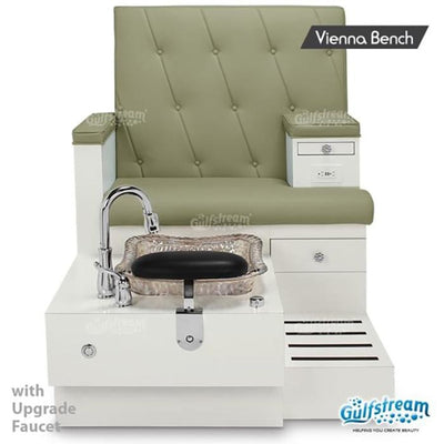 Vienna Single Pedicure Bench. Bone Color Seat, White Gloss Laminated Base Color , Cristal Reflection Glass Bowl & Upgrade Faucet