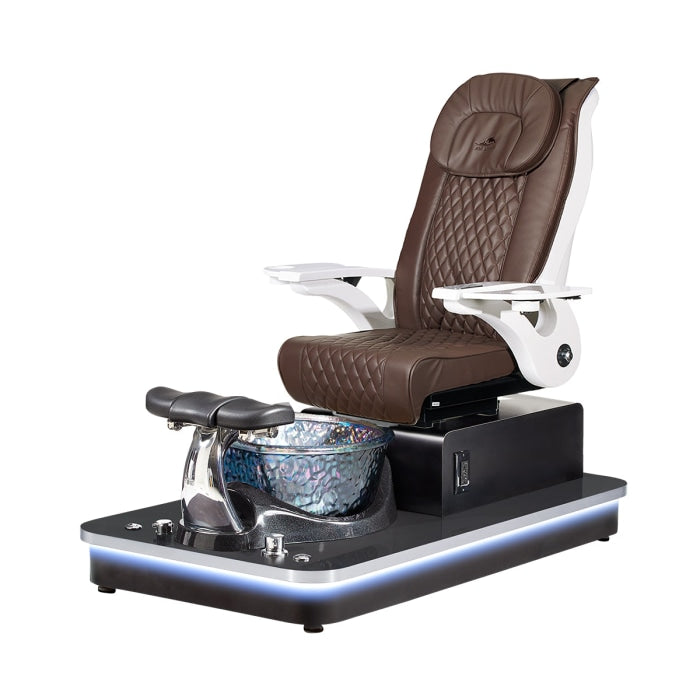 Felicity Freeform Pedicure Chair. Pu Chocolate Seat, White Armrest, Black Base & Silver Metallic Glass Bowl