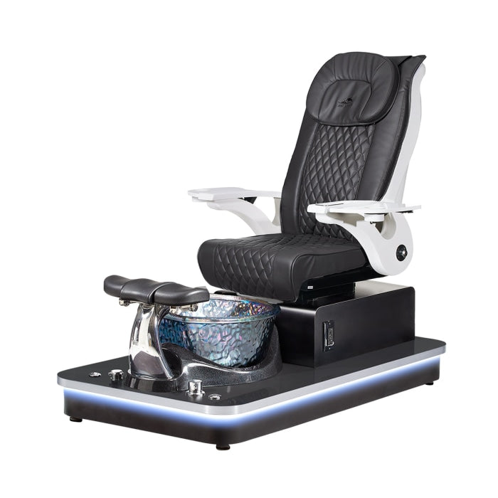 Felicity Freeform Pedicure Chair. Pu Black Seat, White Armrest, Black Base & Silver Metallic Glass Bowl