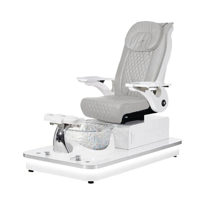 Felicity Freeform Pedicure Chair. Pu Gray Seat, White Armrest, White Base & Clear Metallic Glass Bowl 