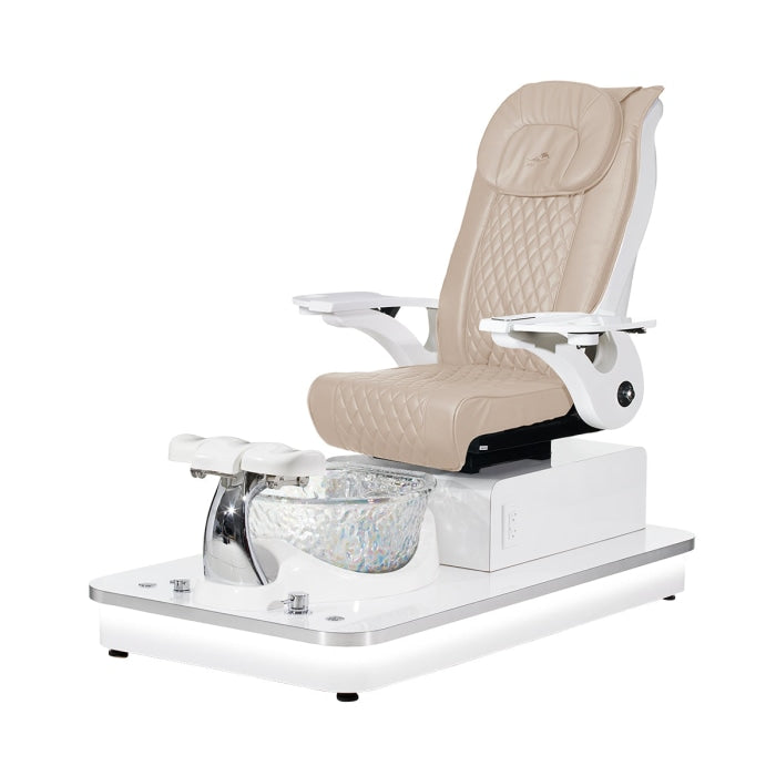 Felicity Freeform Pedicure Chair. Pu Cream Seat, White Armrest, White Base & Clear Metallic Glass Bowl