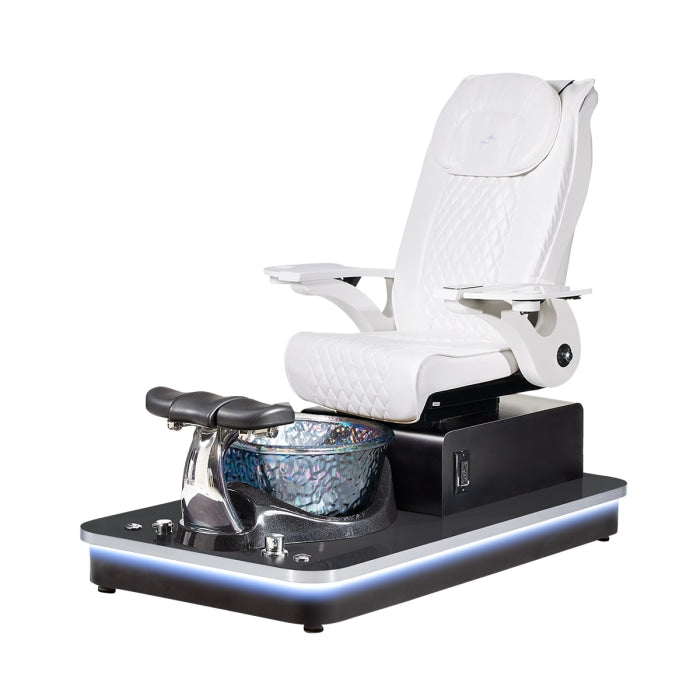 Felicity Freeform Pedicure Chair. Pu White Seat, White Armrest, Black Base & Silver Metallic Glass Bowl