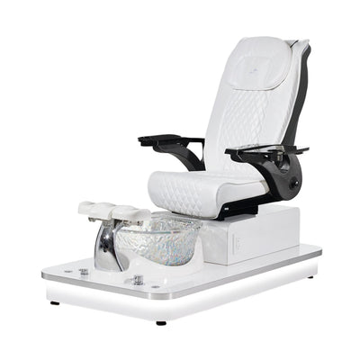Felicity Freeform Pedicure Chair. Pu White Seat, Black Armrest, White Base & Cristal Glass Bowl 