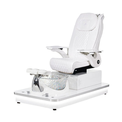 Felicity Freeform Pedicure Chair. Pu White Seat, White Armrest, White Base & Clear Metallic Glass Bowl