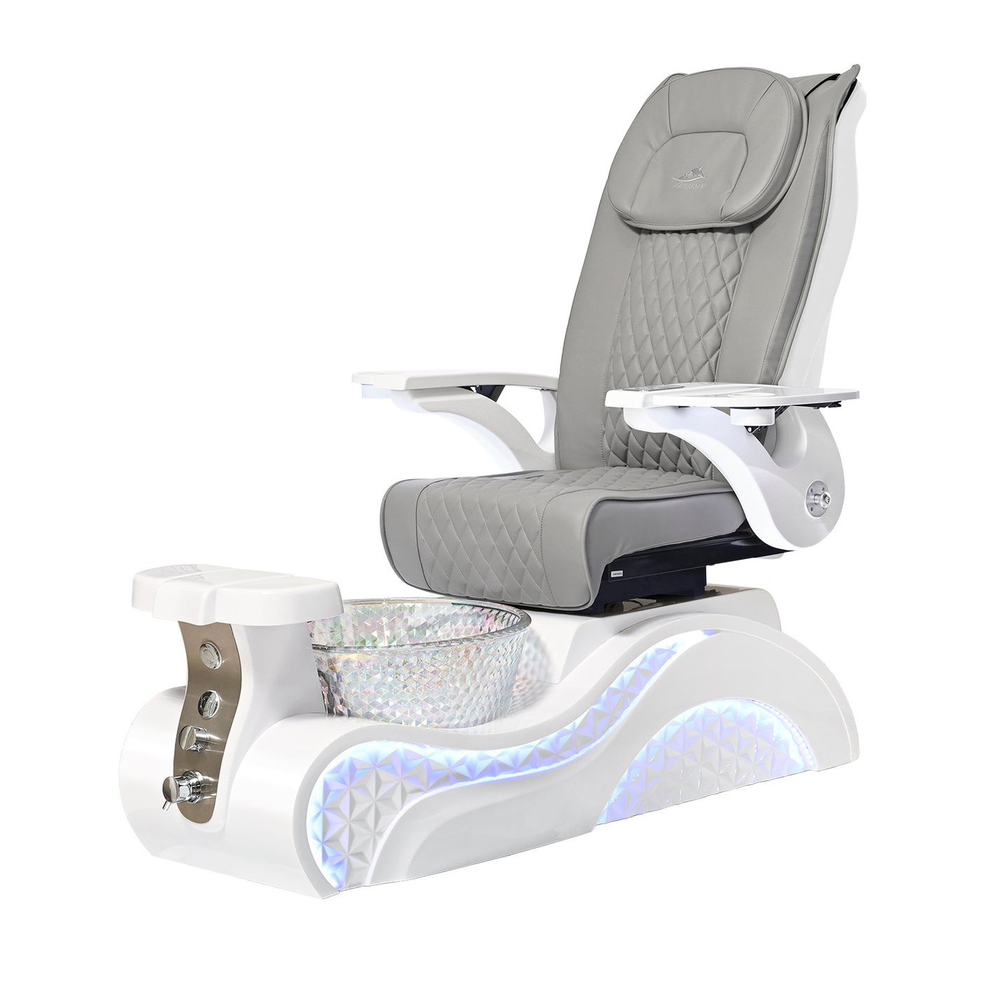 Lucent II Pedicure Chair. Gray Seat, White Armrest, White Base & Crystal Glass Bowl 