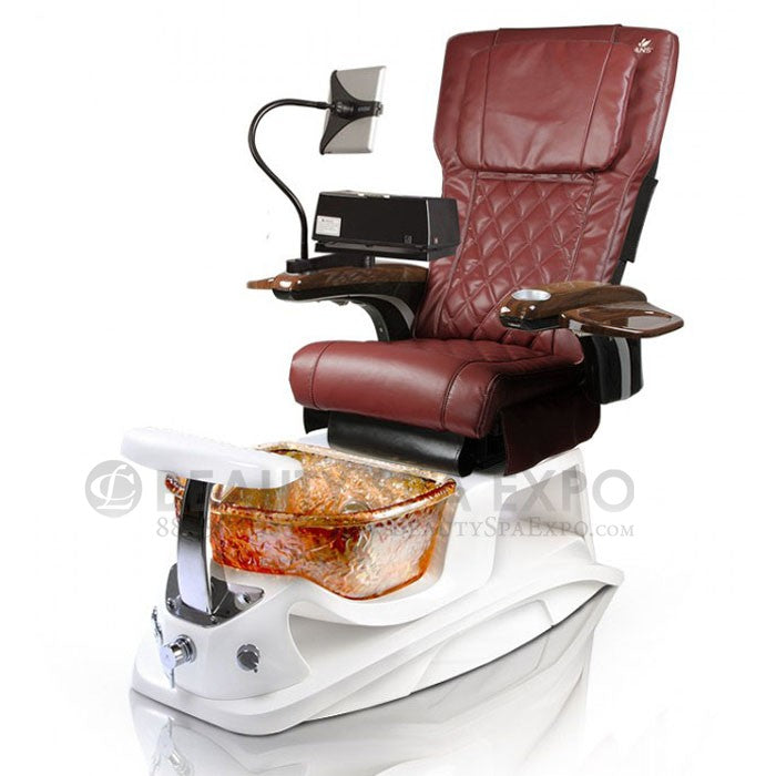 Argento Pedicure Chair. ANSP20 Burgundy Massage Chair, White Base, Versa Tray Full Kit & Glass Gold Color Bowl 