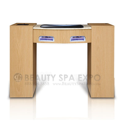 Classic Manicure  Nail Table with UV Gel Lights is available with large dual sided cabinets and marble surface. Made to order. Includes multiple drawers and nail drill space. 
