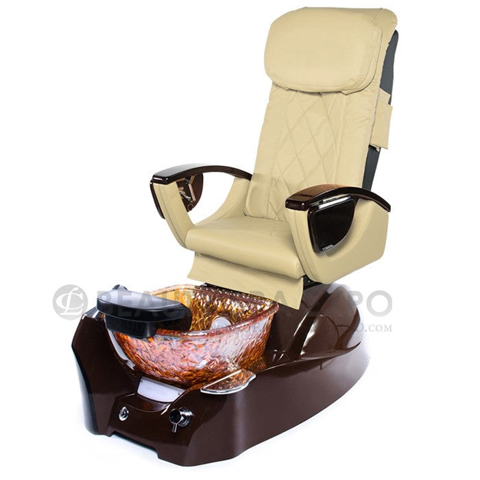 First Class spa pedicure chair. Cream Seat, Almond Base & Gold Glass bowl 
