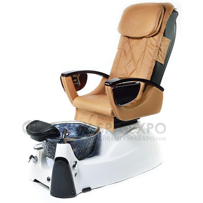 First Class spa pedicure chair. Cognac Seat, White Base & Nickel Glass bowl 