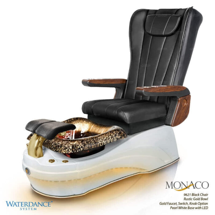 Monaco Pedicure Chair. 9621 Black Seat, Rustic Gold Bowl, Gold Faucet. Switch, Knob Option & Pearl White Base