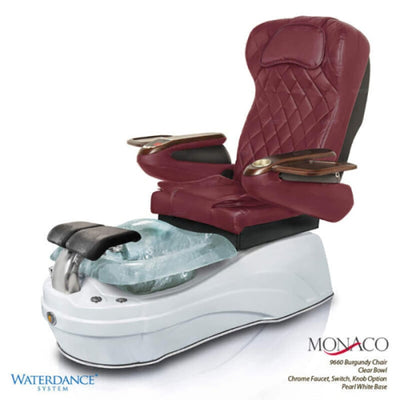 Monaco Pedicure Chair. 9660 Burgundy Seat, Clear Bowl, Chrome Faucet. Switch, Knob Option & Pearl White Base