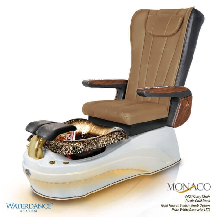 Monaco Pedicure Chair. 9621 Curry Seat, Rustic Gold Bowl, Gold Faucet. Switch, Knob Option & Pearl White Base