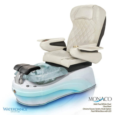 Monaco Pedicure Chair. 9660 Pearl White Seat, Clear Bowl, Chrome Faucet. Switch, Knob Option & Pearl White Base