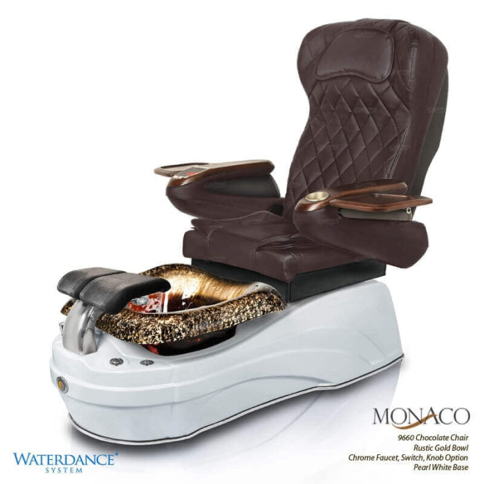 Monaco Pedicure Chair. 9660 Chocolate Seat, Rustic Gold Bowl, Chrome Faucet. Switch, Knob Option & Pearl White Base