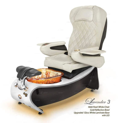 Lavender 3 Pedicure ChairThe Lavender 3 spa pedicure is famous for his sleek contour laminate base that no other pedicure chair on the market has to offer. Add the heart shape hard rock glass bowl and you got yourself a high end pedicure chair. Four weeks lead time to order.
