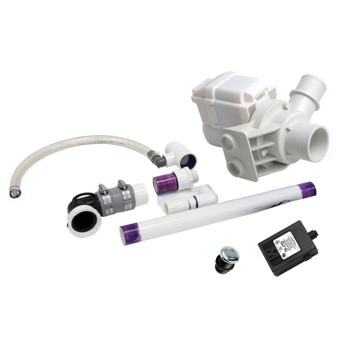 Hanning Discharge Pump Kit: If you do not have gravity fed plumbing this kit has all parts to push water from the bowl along the wall to the drain. Tools required. Includes all electric, plumbing and air parts. Request instructions.